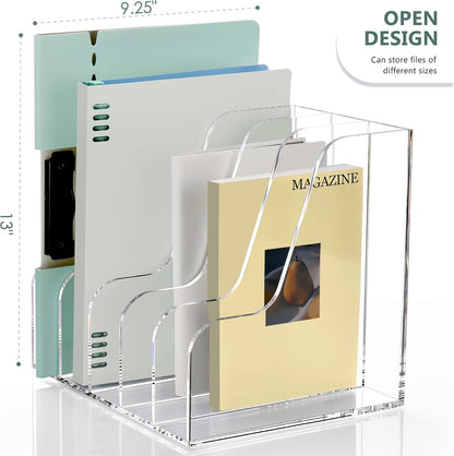 SANRUI Acrylic Desk Organizers, Clear Magazine File Holder, 5 Vertical Compartments A4 Folder Binder Holders Sorter, Office Desktop Workspace Organization Storage Rack for Office Home School