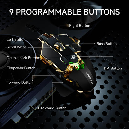 EWEADN G5 Wired Gaming Mouse, Ergonomic RGB Computer Mouse, 12800 Adjustable DPI, 9 Programmable Macro Buttons with Rapid Fire Key Compatible for PC/Laptop/Windows- Black&Gold