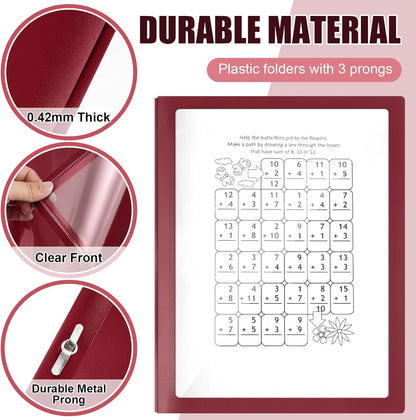 Teling 36 Pcs Report Covers with 3 Prong Fasteners Clear Front Presentation Folders Frame View Poly Report Folder Presentation Binder for Paper Document School Office (Red)