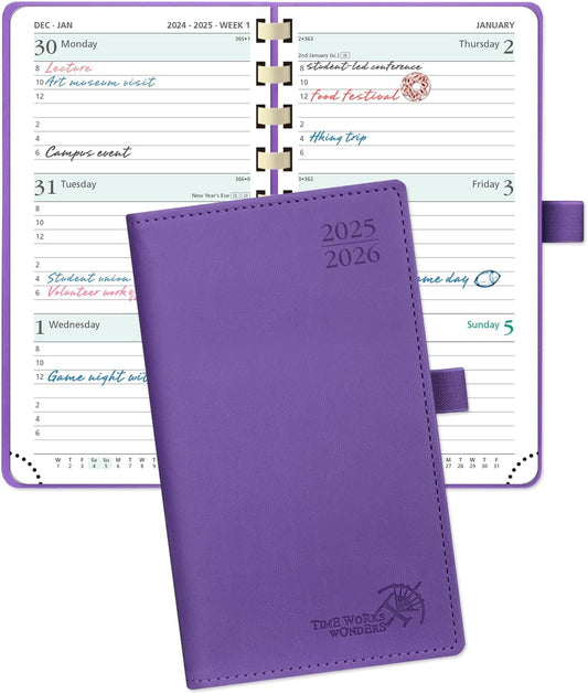 POPRUN Pocket Planner 2025-2026 (Slim Size 3.5'' x 6.5'') Academic Purse Calendar (July 2025 - June 2026) with Hourly Time Slots, 100GSM Thick Paper, Spiral Soft Cover - Purple