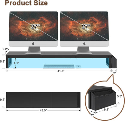 LAND·VOI Dual Monitor Stand Riser,41.5'' Long Monitor Stand for 2 Monitors, Wood and Steel Computer Monitor Stand, Desktop Oraganizer with Pen Holder, Monitor Riser for Desk Computer,Laptop,TV, Black