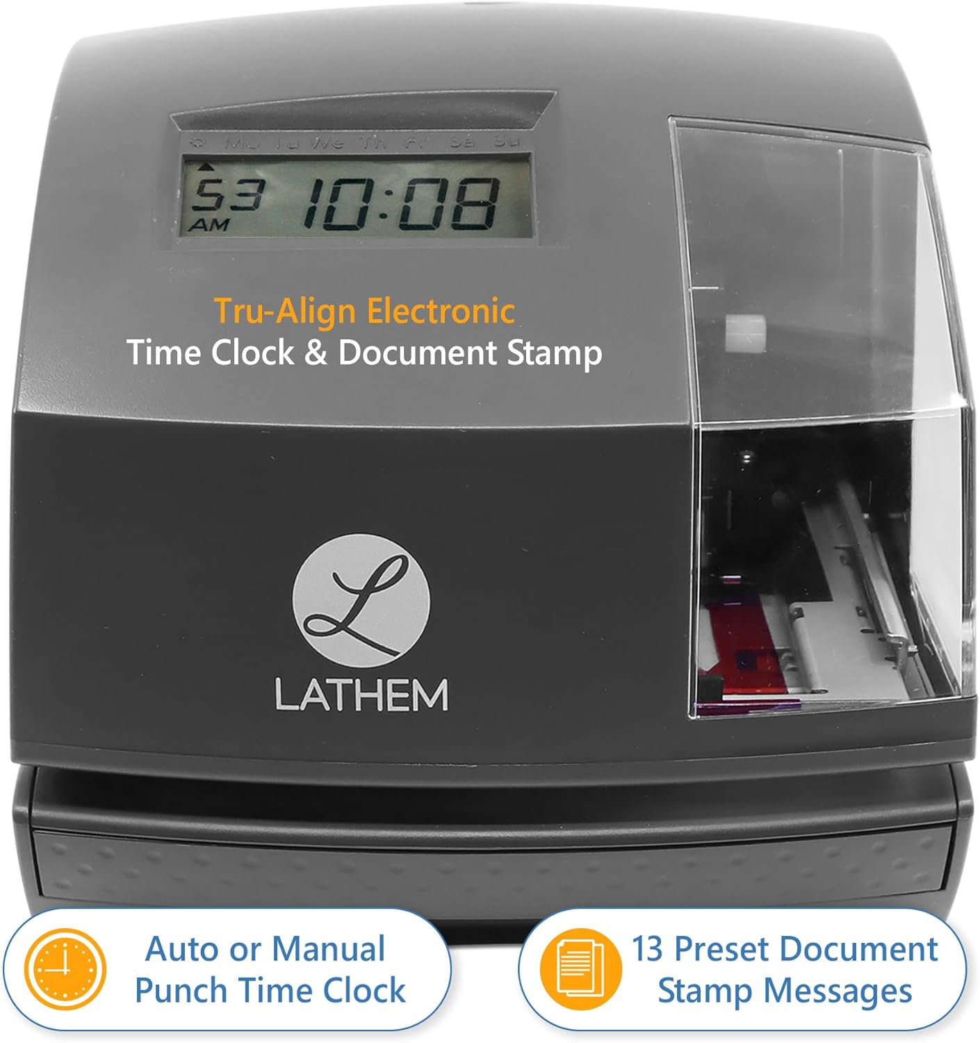 Lathem 1600e Time Clock Punch Machine & Document Stamp, Time Keeping System with Tru-Align Cards (5.7 X 6.3 X 7.2 Charcoal Gray)