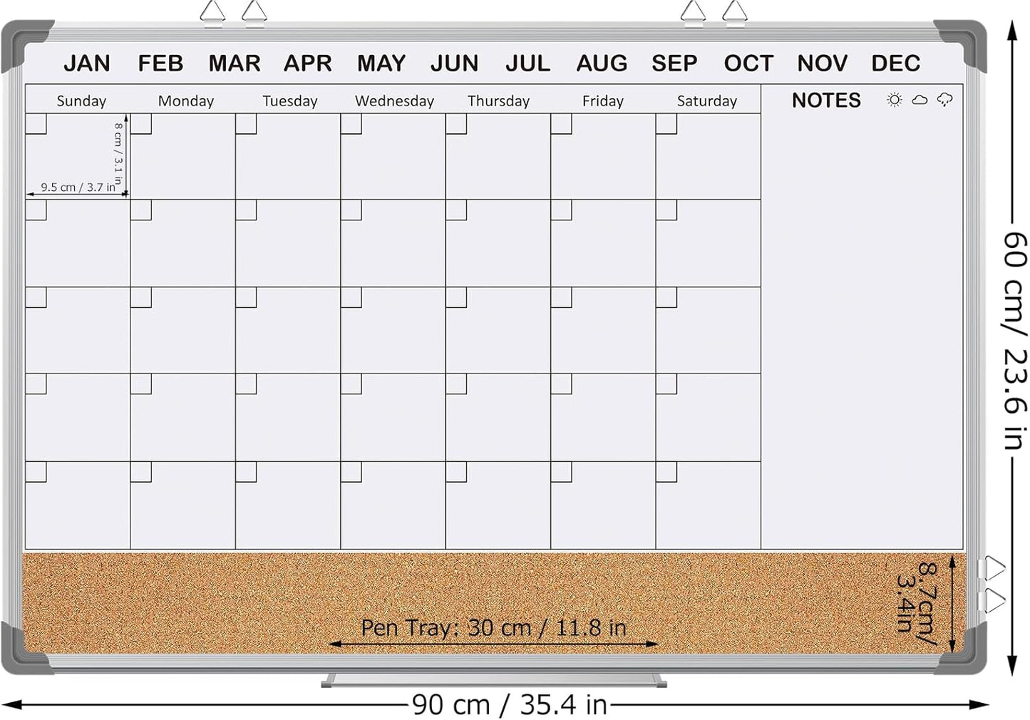 EAONE Magnetic Whitboard Calendar for Wall, Double Sided Dry Eraser Board Combo with Aluminum for Office, School, Home Kitchen (Silver, 36" x 24")