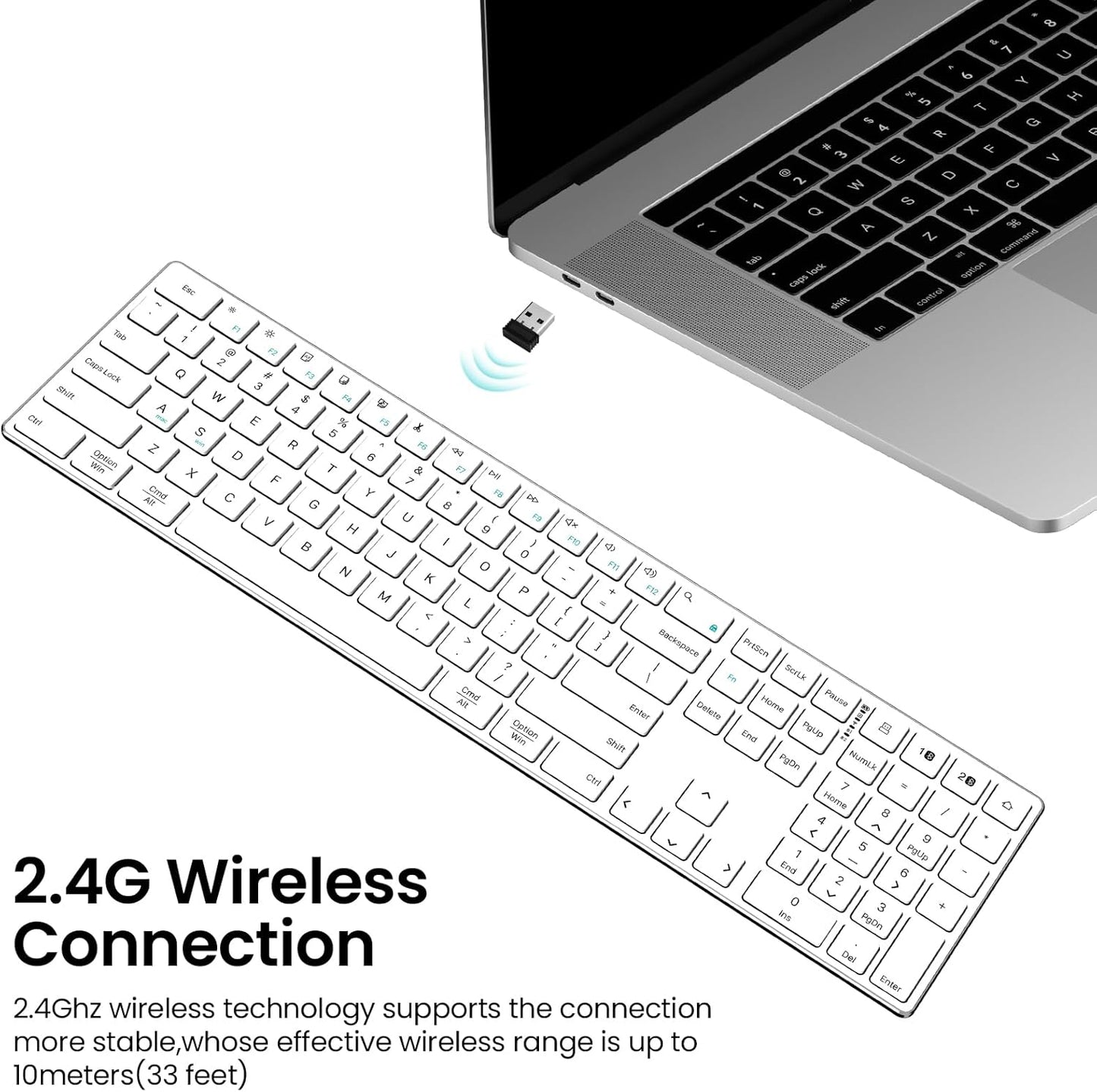 2.4G Wireless and Bluetooth Keyboard with Numeric Keypad, Multi-Device, Rechargeable, Compatible with Mac, Windows (White)