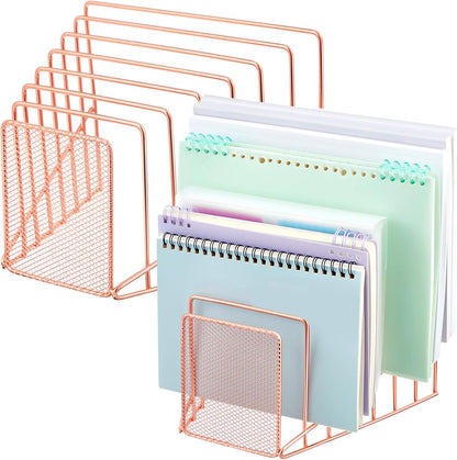 2 Pcs 7 Slot Incline File Sorter Metal Wire Mesh File Racks for Desktop Letter Sorter for Magazine Folder Book Organizer Home Office School Paper Mail Desk Storage Holder (Rose Gold)