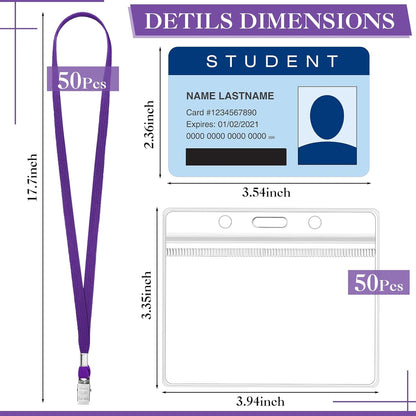 Marspark 50 Sets Clear Name Tags with Lanyard, Lanyards for ID Badges Reusable Strap with ID Holder Plastic Name Badges for Adults Business School Church Conference (Purple)