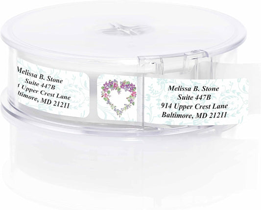 Floral Heart Wreath Rolled Address Labels with Elegant Plastic Dispenser