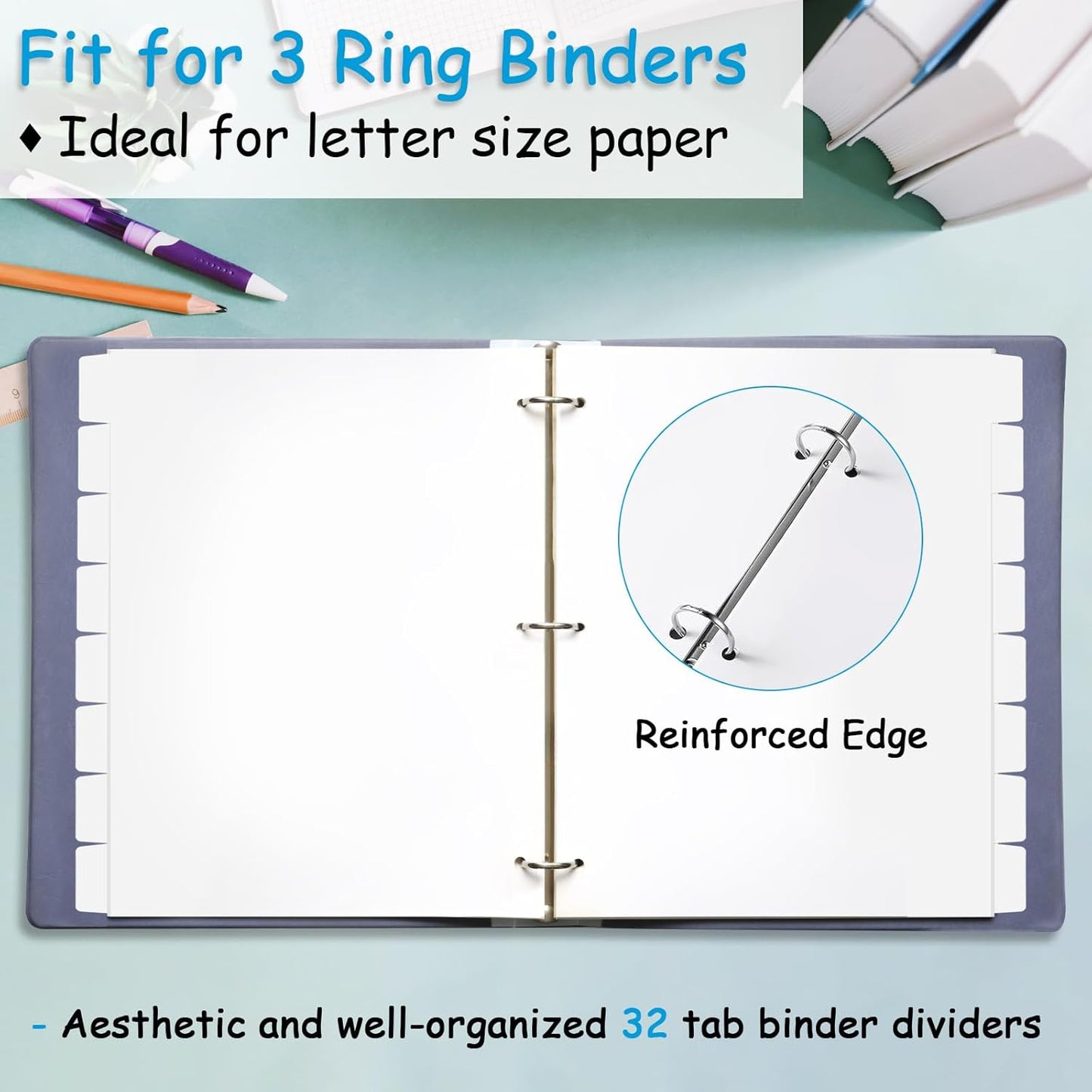 Binder Dividers for 3 Ring Binder, 1/8 Cut Tabs, Letter Size, Blank Write On Page Dividers with 8 Big Tabs for School Office Home, 4 Sets, 32 Dividers, White
