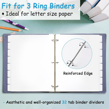 Binder Dividers for 3 Ring Binder, 1/8 Cut Tabs, Letter Size, Blank Write On Page Dividers with 8 Big Tabs for School Office Home, 4 Sets, 32 Dividers, White