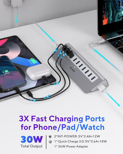 Powered USB Hub 10Gbps, 10 Ports USB 3.1 Gen 2 Hub Power Multiport USB Splitter USB Extender (7 USB 3.1 Data Port and 3 Fast Charging Port) with 36W Power Adapter, for Desktop/USB-A&USB-C Laptop/PC