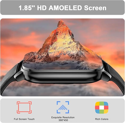 Smart Watch for Men Women, 1.85'' AMOLED HD Fitness Watch with 120+ Sports Modes, Bluetooth Call/Heart Rate/Sleep Monitor/Pedometer, Smartwatch for Android iOS, IP68 Waterproof, Black