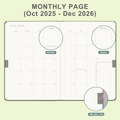 And Per Se 2026 Planner-Daily, Weekly & 15-Monthly Leather Hardcover Planner, 5.7" x 8", Daily Schedule, Monthly Tabs, 100 GSM Thick Paper, Back Pocket(Olive Green)