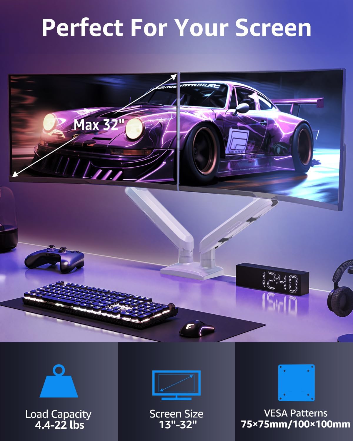 Dual Monitor Mount for 32 27 24 22inch Screens, Gas Spring Monitor Stand for 2 Monitor, Full Adjustable Monitors Desk Mount with C-Clamp＆Grommet Base, Each Arm Holds 4.4-22 lbs, Freelift Pro White