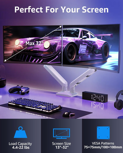 Dual Monitor Mount for 32 27 24 22inch Screens, Gas Spring Monitor Stand for 2 Monitor, Full Adjustable Monitors Desk Mount with C-Clamp＆Grommet Base, Each Arm Holds 4.4-22 lbs, Freelift Pro White