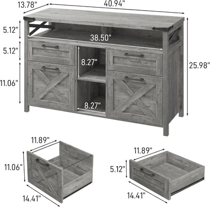 Farmhouse Filing Cabinet with Adjustable Shelf for Home Office, Lateral File Cabinets 4 Drawers with Open Storage Shelf, Filing Organization Storage Cabinets for Hanging Files Letter/A4.(Grey)