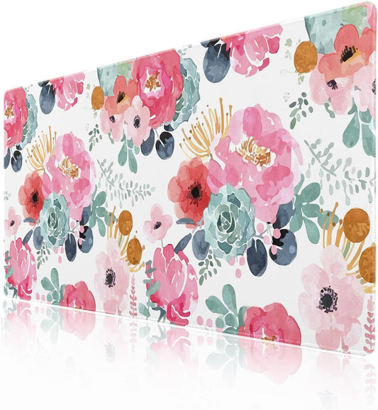 Pink Green Flowers Gaming Mouse Pad XXL Cute Watercolor Floral Pretty Extended Desk Pad Trendy Pastel Large Mousepad Non-Slip Rubber Base Stitched Edge Long Table Mat for Desktop, 35.4 x 15.7 inch