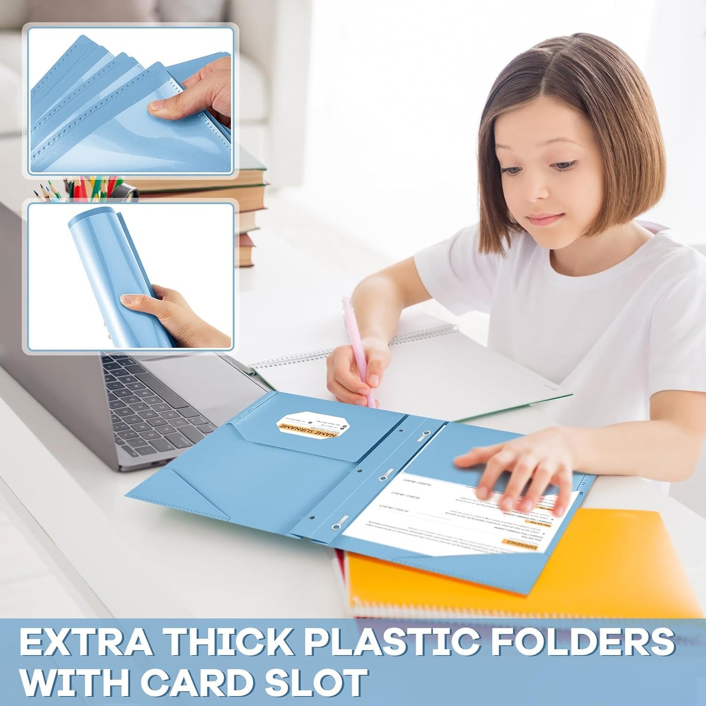 Henoyso 72 Pcs Plastic Folder with Clear Front Pocket and 3 Prong Plastic Folders with Card Slot Pocket Folders with Prongs for School Office (Haze Blue)