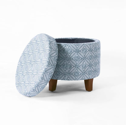 HomePop Upholstered Round Storage Ottoman|Homepop Home Décor|Upholstered Round Foot Rest Ottoman -Blue Indigo Print