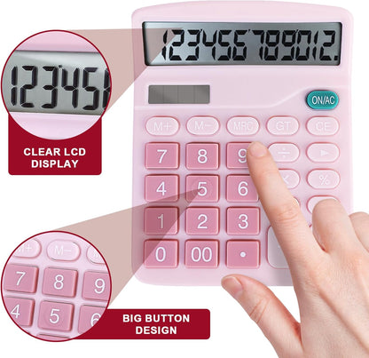 Basic Calculator with Comfortable Large LCD Display, 12 Digits Calculators Desktop, Tilt Screen, Big Button, Desk Calculator with Dual Power (Solar & Battery Included) (Pink)