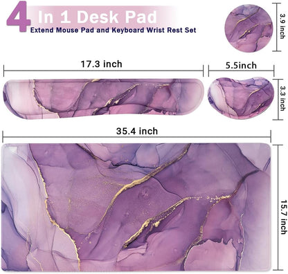 Large Keyboard Mouse Pad Set, Extended Mouse Pad+Keyboard Wrist Rest Support, Memory Foam Ergonomic Easy Typing, 4Pcs (35.4×15.7 in) Desk Pad Set for Home Office Study Game - Purple