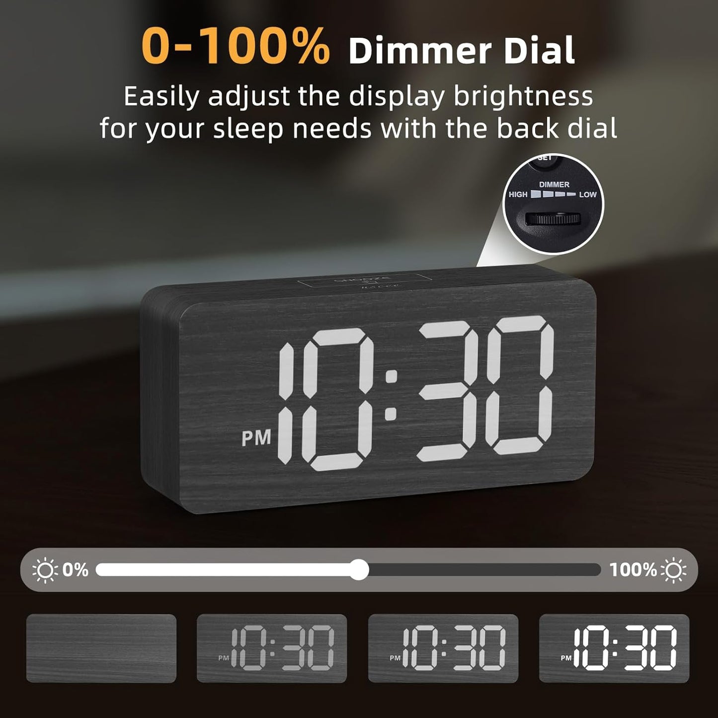 uscce Wooden Digital Alarm Clocks for Bedrooms: Dimmable Dual Alarm Clock with Large Numbers for Bedside Desk - Loud Alarm for Heavy Sleepers with Volume Control - Wood Decor & Gifts