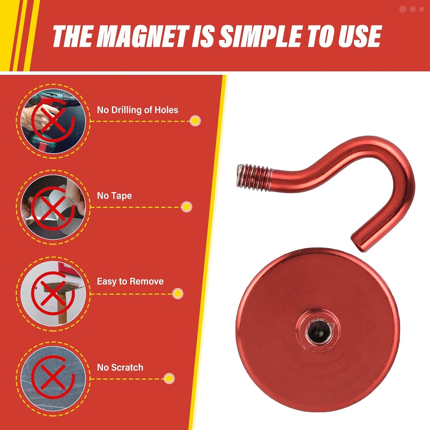 Neosmuk Magnetic Hooks Heavy Duty, Strong Magnet with Hook for Fridge, Super Neodymium Extra Strength Industrial Hooks for Hanging, Magnetic Hanger for Toolbox, Cruise, Grill(Red,4 Pack)