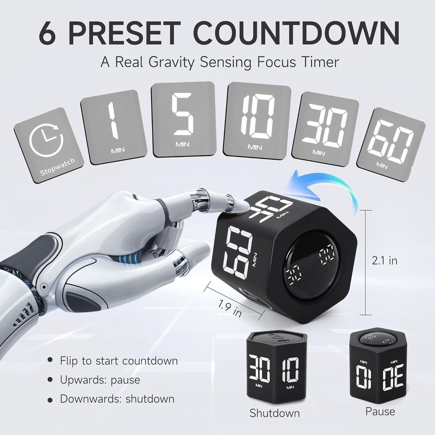 Productivity Timer 1, 5, 10, 30, 60 Minutes Preset, Desk Cube Timer with Gravity Sensor/Mute/Vibration for ADHD, Work, Study, Kitchen, Back to School (1, Black)