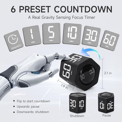 Productivity Timer 1, 5, 10, 30, 60 Minutes Preset, Desk Cube Timer with Gravity Sensor/Mute/Vibration for ADHD, Work, Study, Kitchen, Back to School (1, Black)