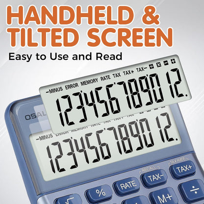 Pendancy Office Small Calculator Desktop with Tax+/- for Tax Calculation, 12 Digit Large LCD Display, Solar Battery Power, Durable Portable Design, Financial Accounting Business Home Use(OS-200T-Blue)