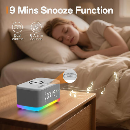 Alarm Clock Speaker Wireless Charger, Digital Alarm Clocks Bedrooms Bluetooth, Alarm Clock Dimmable Light Bedrooms Bluetooth Speaker Dual Alarm Snooze 12/24H Dimmer Support USB AUX, Grey