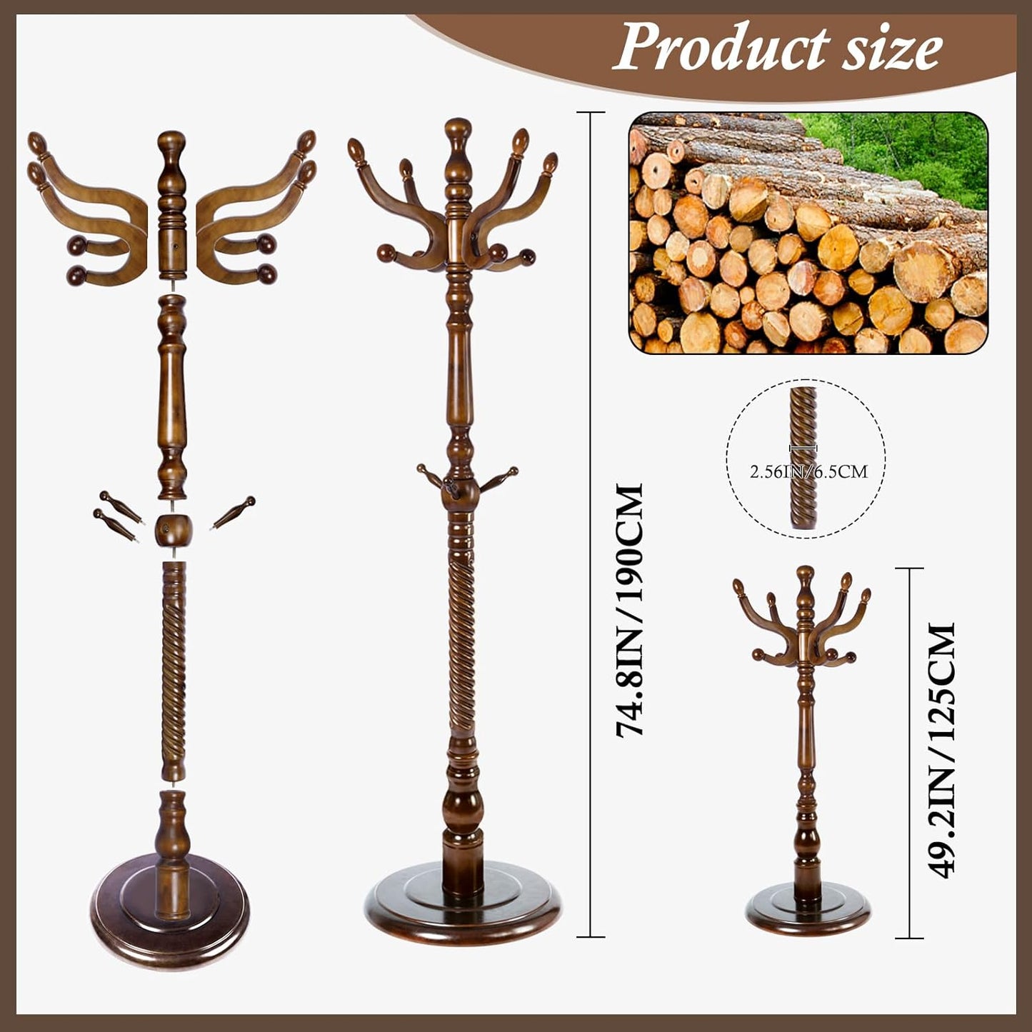 Wooden Coat Rack Freestanding, Vintage Coat Racks with Sturdy Round Base, Adjustable Height 37.40"-72.83" Entrance Coat Rack for Bedroom Living Room Entryway (Vintage Circular)