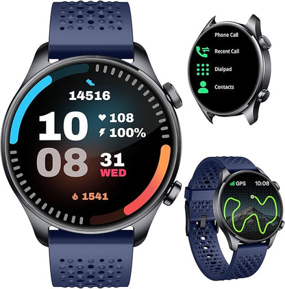 Smartwatch for Men & Women, 1.43" AMOLED Fitness Tracker GPS, Bluetooth Call, Heart Rate, Blood Oxygen (SpO2), Sleep Monitor, 100+ Sports Modes, iPhone & Android – Blue