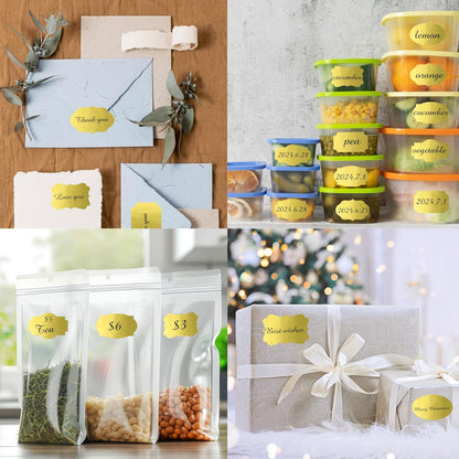 350 PCS Gift Tags Stickers Name Labels Stickers,2" x 1.2" Fancy Shape Stickers Self-Adhesive Handmade Bottle All-Purpose Jar Labels for Presents Cosmetic Decoration Jars Food Craft (Gold)
