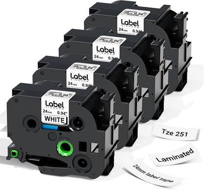 Label KINGDOM TZe-251 24mm 0.94” TZ Tape Compatible with Brother P Touch 1” Laminated White Label Maker Tape for PT D610BT D600 700 P710BT PTP750W, 4-Pack Tze251
