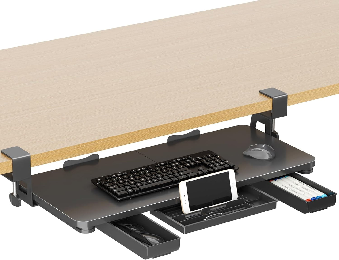 Keyboard Tray Under Desk with Storage Drawer Large C-Clamp 26.7”(31” Including Clamps) x 11.8” Slide-Out Platform Computer Drawer Pull Out Keyboard & Mouse Tray DSF7CT