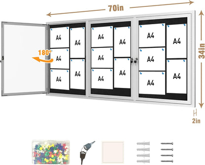 70"x34" Enclosed Bulletin Board, Outdoor Lockable Weather-Resistant Aluminum Cork Noticeboard for School & Office, Silver Frame w/Black Flet