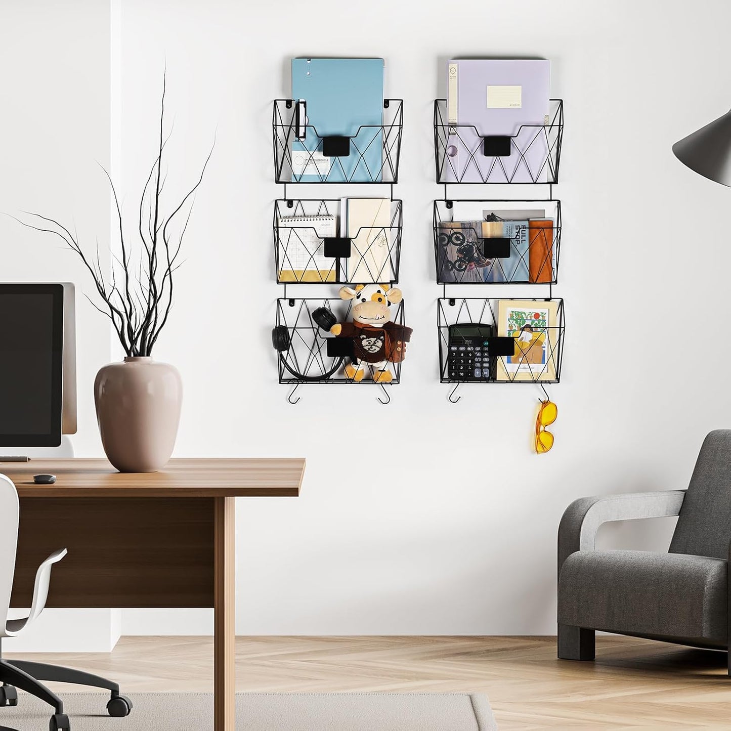 Hanging File Holder Wall File Organizer Holder, 6 Pockets Wall Mount Vertical Magazine Rack with Hooks for Office Home, Black