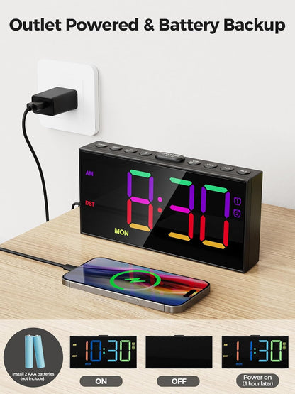 PPLEE RGB Digital Alarm Clock for Bedrooms with Day Display, Loud Dual Alarms for Heavy Sleepers, Plug-in Bedside Clock with USB Charging, Dimmable Large LED Display, Snooze for Kids Teens Boys Girls