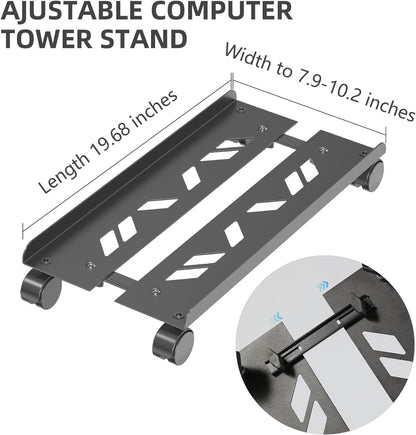 Adjustable Computer Tower Stand, Ventilated Mobile CPU Stand Fits Most PC Tower, Steel Desktop CPU Holder with Rolling Caster Wheels, PC Floor Cart Riser for Gaming Office Desk Accessories
