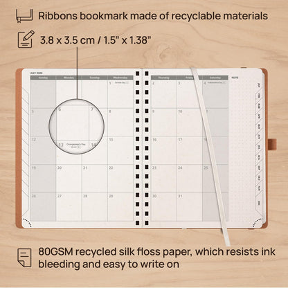 POPRUN 2026 Planner - 2026 Recycled Weekly Planner [Italian Regenrated Leather - Medium Size 6.5'' x 8.5''] - 2026 Weekly Planner with Hourly Schedule, Monthly Tabs-26-WERO7-DST - Desert Brown