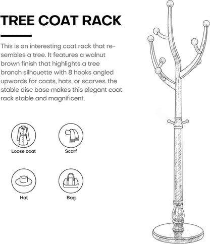 Coat Rack Freestanding Coat Tree with Sturdy Round Base, Unique Coat Hanger Stand, Heavy Duty Standing Coat Rack Clothes Stand for Winter Jacket, Hat, Entryway/Hallway/Bedroom, Walnut