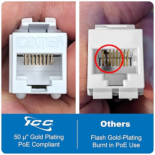 ICC CAT6A Keystone Jack with Slim Profile 180 Degree Punch Down, 10Gbps RJ45 UL Listed PoE++ TAA Compliant for Wall Plate or Patch Panel, Works with JackEasy Termination Tool, Red