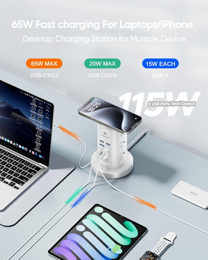 115W USB Charging Station, Surge Protector Power Strip Tower, 9 AC Outlets with 8 USB Ports(4 USB-C), 6Ft Flat Plug Retractable Extension Cord, for Home Office Dorm, White