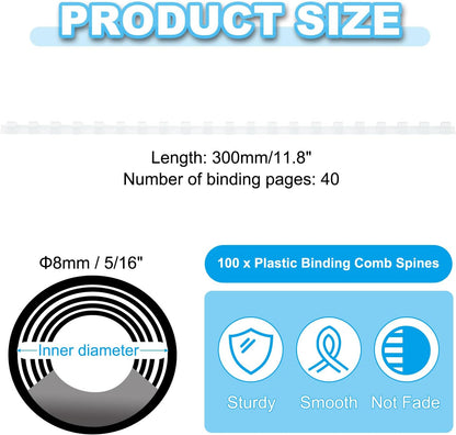 PATIKIL 8mm (5/16") Plastic Binding Combs, 100 Pcs 21 Rings Comb Binding Spines 40 Sheet Capacity Letter Size for Binding Paper Sheets, White