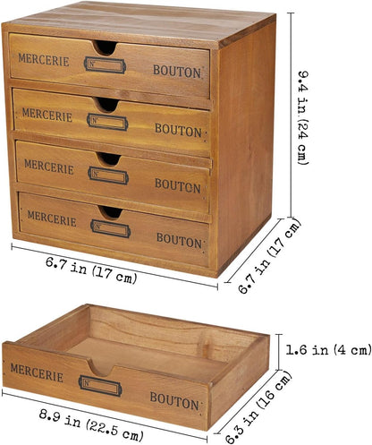 Flexzion Desktop Storage Box with Drawers - Wooden 4 Drawer Organizer Card Catalog Cabinet, No Assembly Required, Pine Wood Vintage Tabletop for Home and Office Accessories