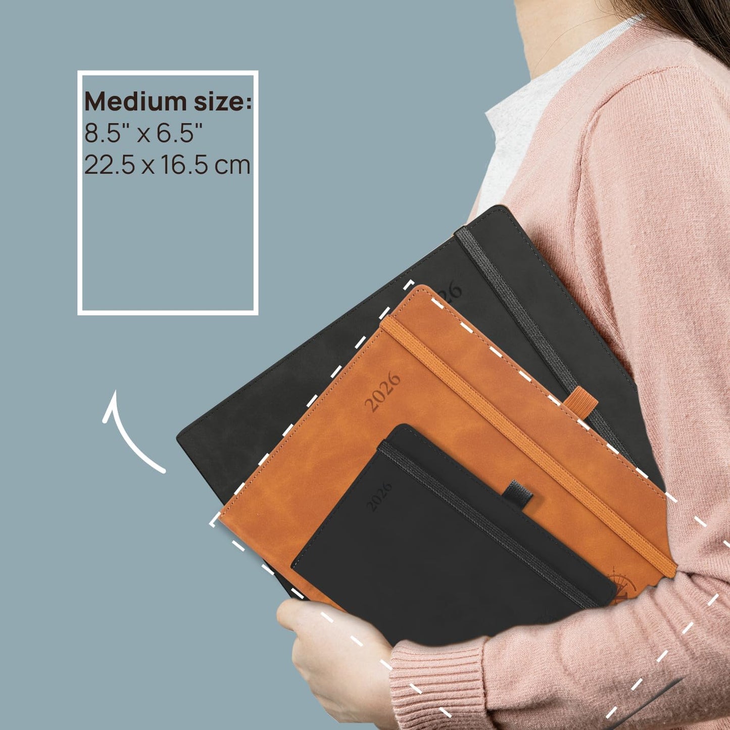 POPRUN Weekly Planner 2026 (Medium 6.5" x 8.5") Calendar 12 Months Notebook with Horizontal Layout, Leather Soft Cover, Monthly Tabs, Inner Pocket, 100GSM Thick Paper, Pen Holder - Black