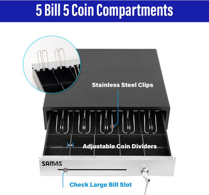 SAM4s 16" Heavy Duty Black Manual Push Open Cash Drawer with 5Bill/5Coin Stainless Steel