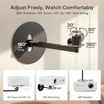 Aurzen Projector Wall Mount Shelf, Wall Use with Adjustable Angle, 360° Rotation and 90° Tilt, Foldable Heavy-Duty Metal Bracket, Supports 4.4 lbs, Compatible with TMY, HAPPRUN, Yaber, Epson