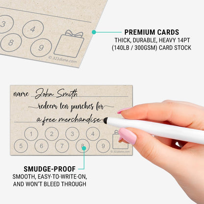321Done Loyalty Punch Cards, Made in USA - 3.5x2 Customer Reward Card, Redeem 10 Punches or Visit for Prize, Kraft Tan - Set of 50