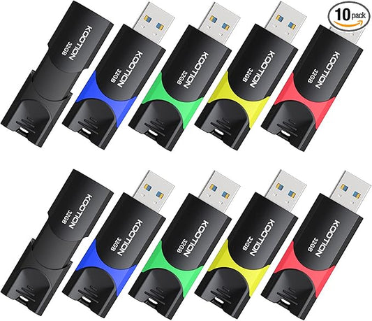 32GB USB 3.0 Flash Drive 10 Pack KOOTION Thumb Drive 3.0 Retractable 32G Zip Drive Ultra High Speed USB Stick Jump Drive Rugged Memory Stick with LED Indicator for Data Storage and Transfer